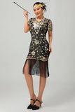 Robe noire à paillettes dorées des années 1920 avec franges