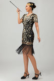 Robe noire à paillettes dorées des années 1920 avec franges