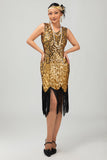 Robe moulante à col en V doré noir scintillant des années 1920 avec franges