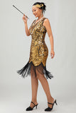 Robe moulante à col en V doré noir scintillant des années 1920 avec franges