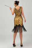 Robe moulante à col en V doré noir scintillant des années 1920 avec franges