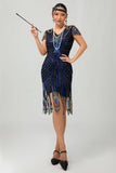 Robe moulante Gatsby à manches courtes noire bleue à paillettes noires et bleues des années 1920