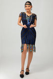 Robe moulante Gatsby à manches courtes noire bleue à paillettes noires et bleues des années 1920