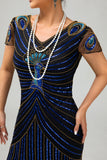 Robe moulante Gatsby à manches courtes noire bleue à paillettes noires et bleues des années 1920