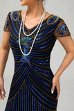Robe noire à franges dorées à paillettes des années 1920 avec ensemble de 5 accessoires