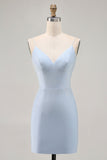 Robe de cocktail courte moulante à bretelles spaghetti perlées bleues