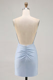 Robe de cocktail courte moulante à bretelles spaghetti perlées bleues