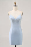 Robe de cocktail perlée spaghetti bleu clair