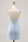 Robe de cocktail perlée spaghetti bleu clair