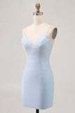 Robe de cocktail perlée spaghetti bleu clair