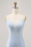 Robe de cocktail perlée spaghetti bleu clair