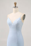 Robe de cocktail perlée spaghetti bleu clair
