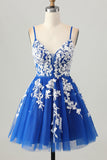 Robe courte De Cocktail en tulle à bretelles spaghetti trapèze bleu royal avec lacets dans le dos