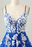 Robe courte De Cocktail en tulle à bretelles spaghetti trapèze bleu royal avec lacets dans le dos