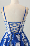 Robe courte De Cocktail en tulle à bretelles spaghetti trapèze bleu royal avec lacets dans le dos