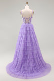 Violet A Ligne Tiered Perlé Corset Robe Longue De Bal Avec Fente