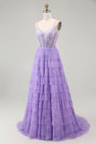 Violet A Ligne Tiered Perlé Corset Robe Longue De Bal Avec Fente