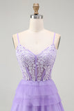 Violet A Ligne Tiered Perlé Corset Robe Longue De Bal Avec Fente