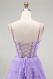 Violet A Ligne Tiered Perlé Corset Robe Longue De Bal Avec Fente
