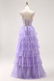 Violet A-ligne paillettes Tulle Corset Robe de bal longue à plusieurs niveaux avec lacets dans le dos