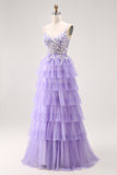 Violet A-ligne paillettes Tulle Corset Robe de bal longue à plusieurs niveaux avec lacets dans le dos