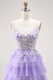 Violet A-ligne paillettes Tulle Corset Robe de bal longue à plusieurs niveaux avec lacets dans le dos