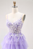 Violet A-ligne paillettes Tulle Corset Robe de bal longue à plusieurs niveaux avec lacets dans le dos