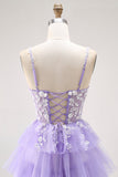 Violet A-ligne paillettes Tulle Corset Robe de bal longue à plusieurs niveaux avec lacets dans le dos