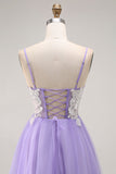 Violet Une ligne appliquée Corset Robe de bal longue avec dentelle dans le dos