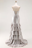Sirène grise perlée Corset à plusieurs niveaux plissé longue robe de bal avec fente