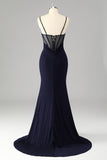 Robe De Soirée longue sirène à bretelles spaghetti bleu marine scintillante avec fente