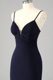 Robe De Soirée longue sirène à bretelles spaghetti bleu marine scintillante avec fente