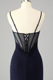 Robe De Soirée longue sirène à bretelles spaghetti bleu marine scintillante avec fente
