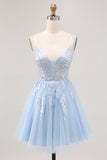 Robe courte de bal en tulle a-ligne paillettes bleu scintillant avec lacets dans le dos