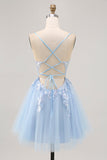 Robe courte de bal en tulle a-ligne paillettes bleu scintillant avec lacets dans le dos