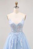 Robe courte de bal en tulle a-ligne paillettes bleu scintillant avec lacets dans le dos