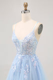 Robe courte de bal en tulle a-ligne paillettes bleu scintillant avec lacets dans le dos