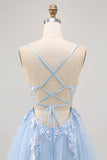 Robe courte de bal en tulle a-ligne paillettes bleu scintillant avec lacets dans le dos