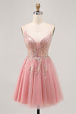 Fard à joues scintillant Robe courte trapèze en tulle à sequins avec lacets dans le dos