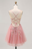 Fard à joues scintillant Robe courte trapèze en tulle à sequins avec lacets dans le dos