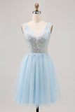 Robe courte en tulle trapèze bleu scintillant avec paillettes