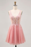 Robe trapèze courte en tulle blush paillettes dos nu avec perles