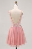 Robe trapèze courte en tulle blush paillettes dos nu avec perles