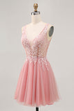 Robe trapèze courte en tulle blush paillettes dos nu avec perles