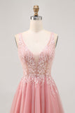 Robe trapèze courte en tulle blush paillettes dos nu avec perles