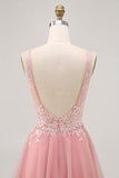 Robe trapèze courte en tulle blush paillettes dos nu avec perles