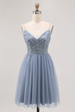 Robe courte de balle en tulle trapèze gris bleu avec perles