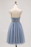 Robe courte de balle en tulle trapèze gris bleu avec perles