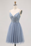 Robe courte de balle en tulle trapèze gris bleu avec perles