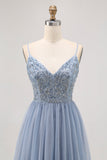 Robe courte de balle en tulle trapèze gris bleu avec perles